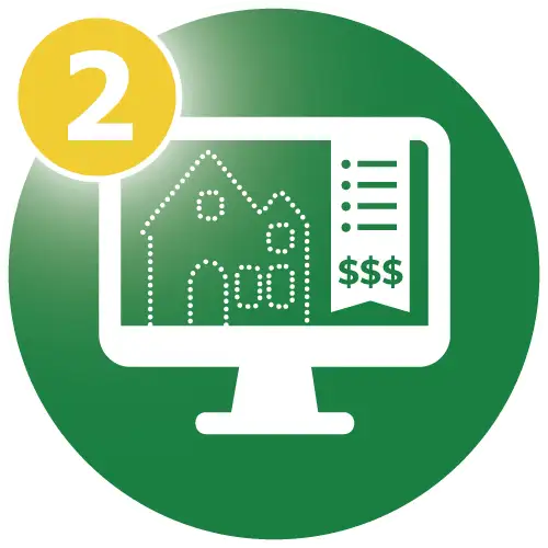 Circular green graphic with computer screen icon displaying a house and price list and a number 2 text overlay.