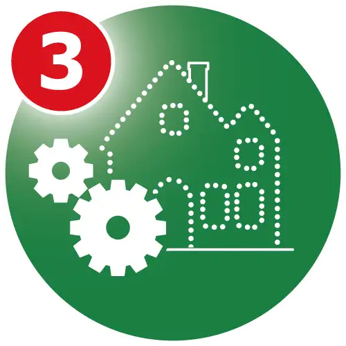 Circular green graphic with a simple house outlined in Christmas lights, gears, and a number 3 text overlay.