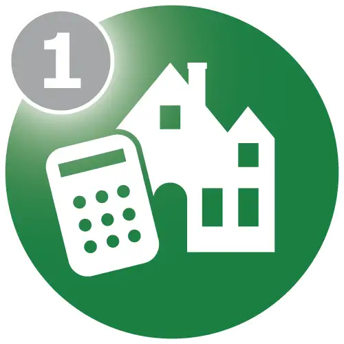 Circular green graphic with simple calculator and house icons and a number 1 text overlay.