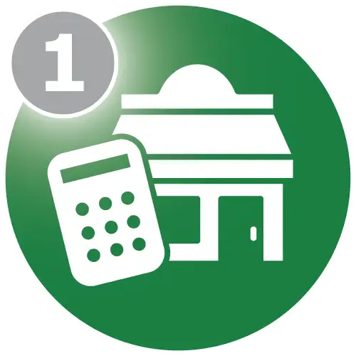 Circular green graphic with simple calculator and store/shop icons and a number 1 text overlay.