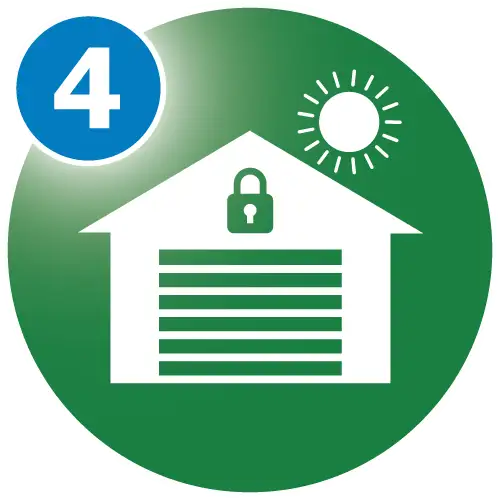 Circular green graphic with a simple storage unit, lock, and sun icons, and a number 4 text overlay.