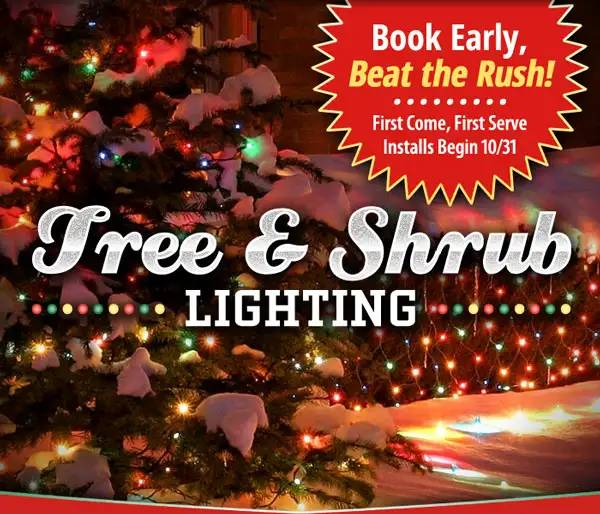 An evergreen tree and shrubs in front of a residential home decorated with multi-colored Christmas lights. Text overlays that read 'Tree & Shrub Lighting' and 'Book Early, Beat the Rush - First Come, First Serve Installs Begin 10/31'.
